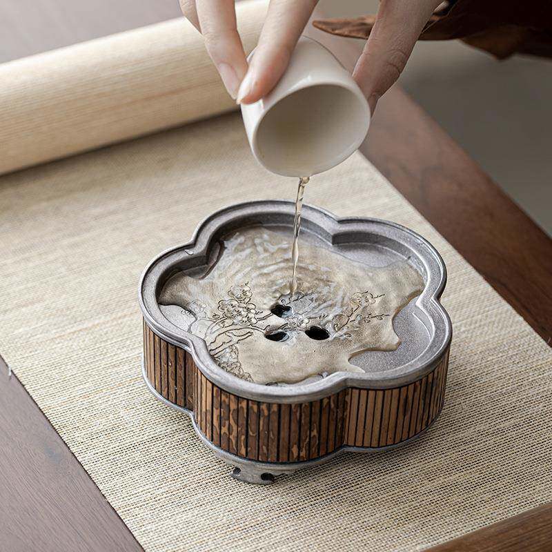 弥言台日纯锡手壶工承湘妃竹干泡家用小型茶盘式茶台茶道纯锡湘妃