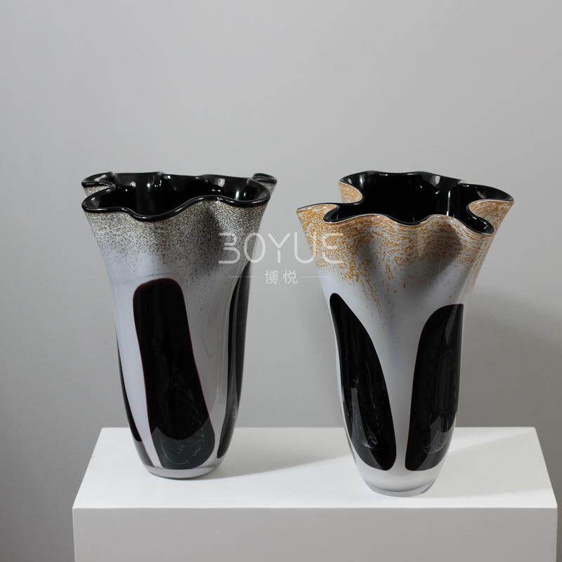 中古风现代简客约形轻手工花瓣口奢异琉璃花瓶家居LZZ厅软装饰品