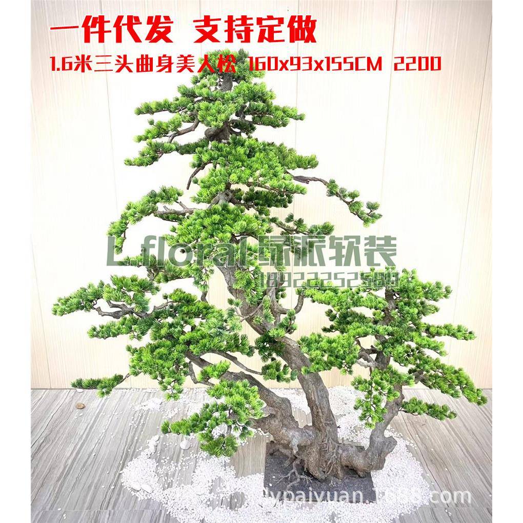 1.米三头曲身美人配松造XQS景设计假罗汉松树6软绿装植搭盆景摆件