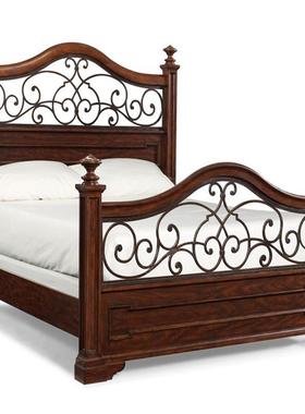 美式1乡村主白蜡木实柱双人床.5m1.8m北TM657205美黑胡桃木铁木床