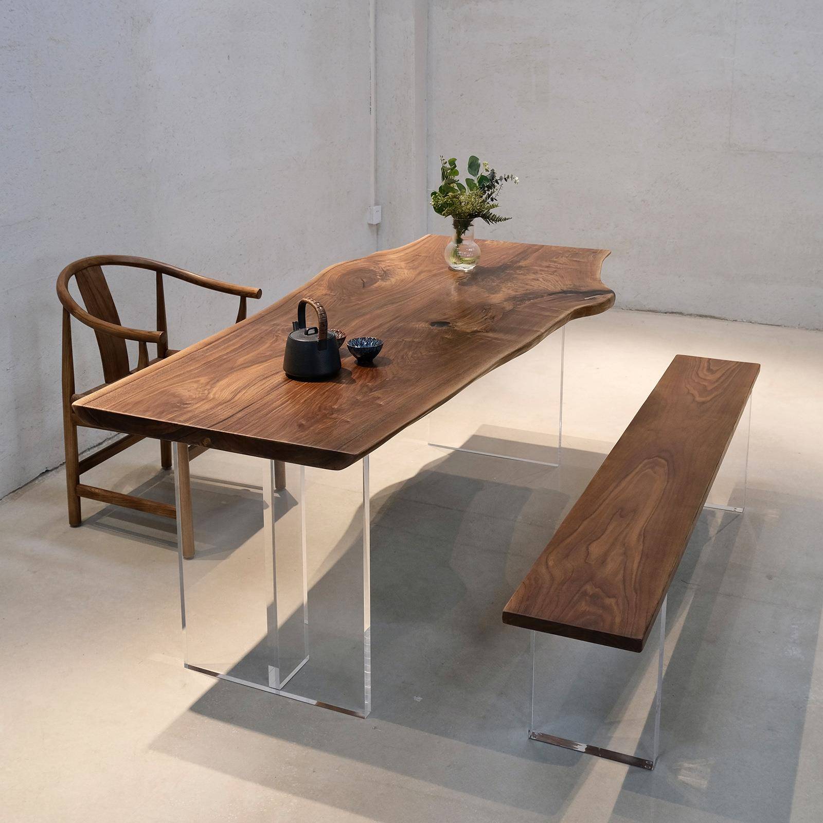 美拉德CFN中古黑胡桃实木大板餐书桌异透明悬桌浮桌脚木双拼形茶