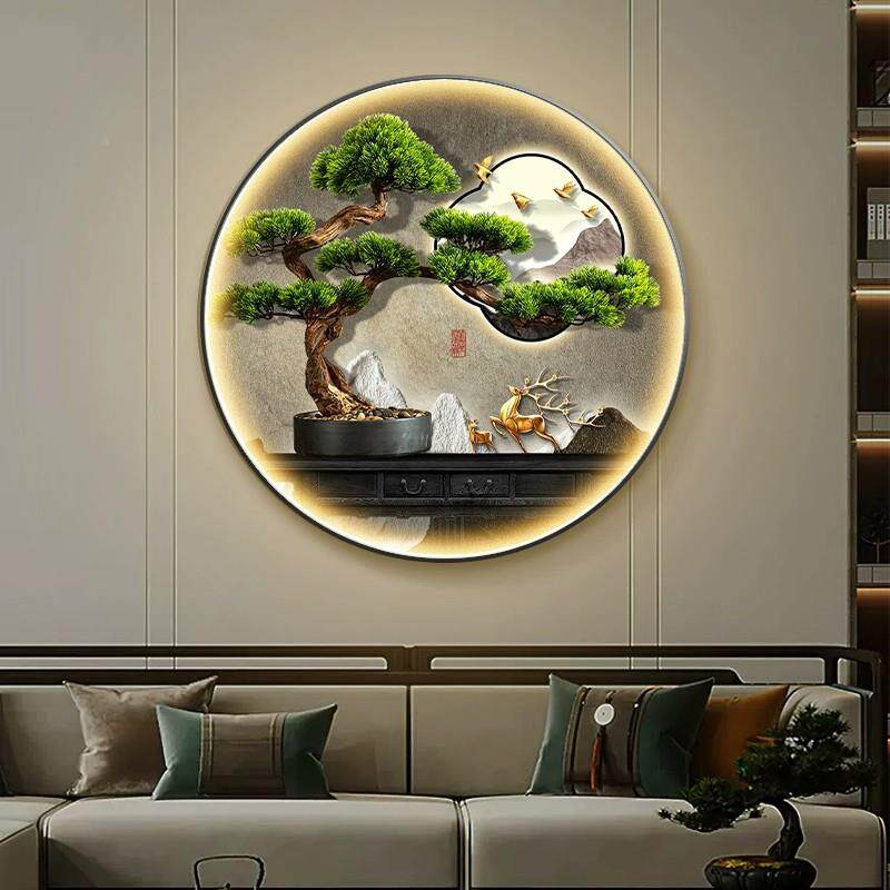 迎客松灯圆玄关装饰画形新中式画饭店户挂RGO画餐馆流水生财壁入