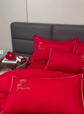 QXN红色轻奢绣结刺婚三带庆床裙单件新婚嫁娶喜床罩床单裙边件套