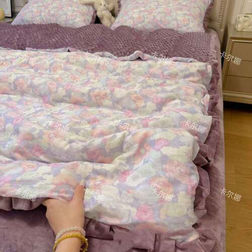 加三重工花1边工艺款棉四件套A类母婴双层纱绒贴身豆豆绒宿舍件套