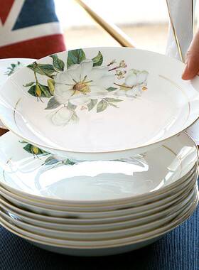 瓷盘子盘家用圆型8英寸FXI饭盘深盘田园欧式轻奢骨餐具菜6装个套