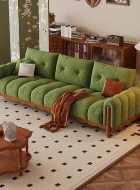 厅法式中古实沙发客钢琴键木复古2美式MTA直排布艺沙发墨绿色025