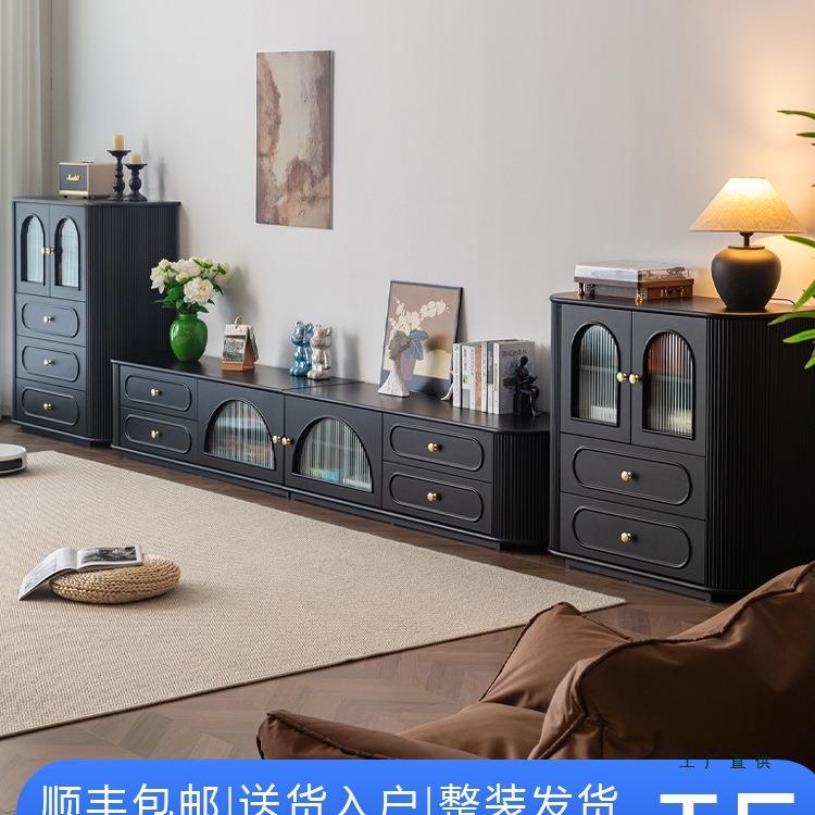 式落电视地柜复古黑色木客厅家用茶几组合2025新款烤漆实T法985V