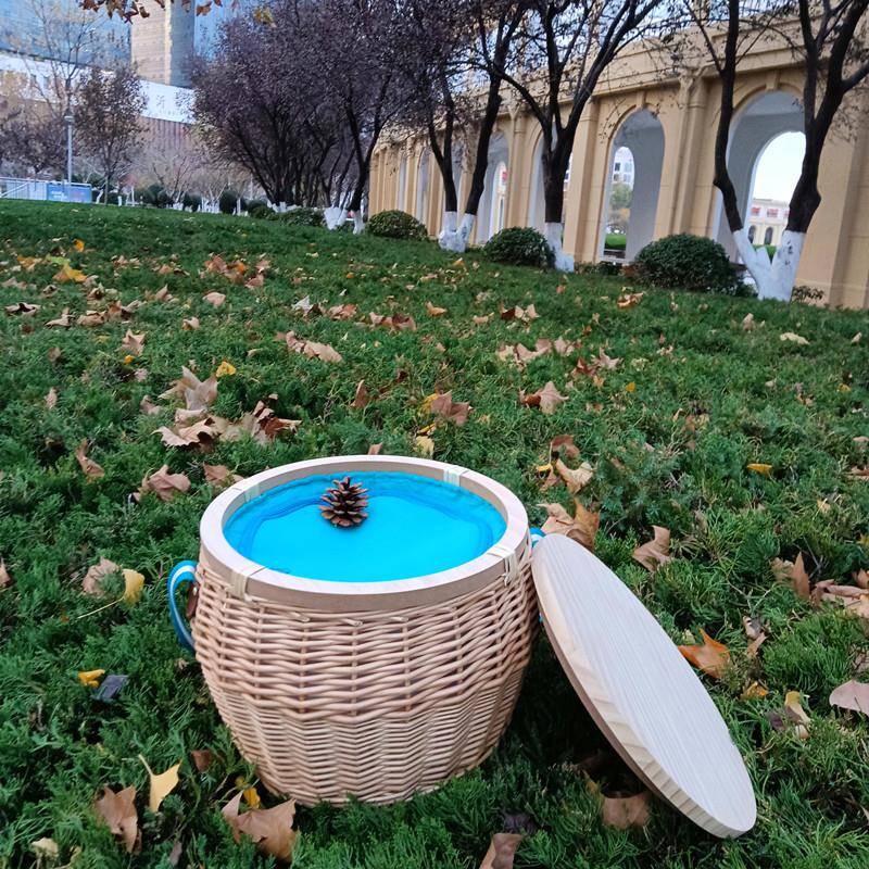 圆MGL-17形小号实木柳编餐篮保野温袋织带提手盖适合在公园或海滩