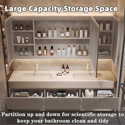 现在奶油风简约双浴室柜组合LE镜多功能盆卫柜生D间96052洗漱台