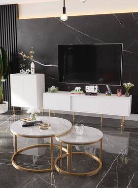 形现代简约AOF白色电视柜茶几组小合岩板型客厅户方储存电视柜