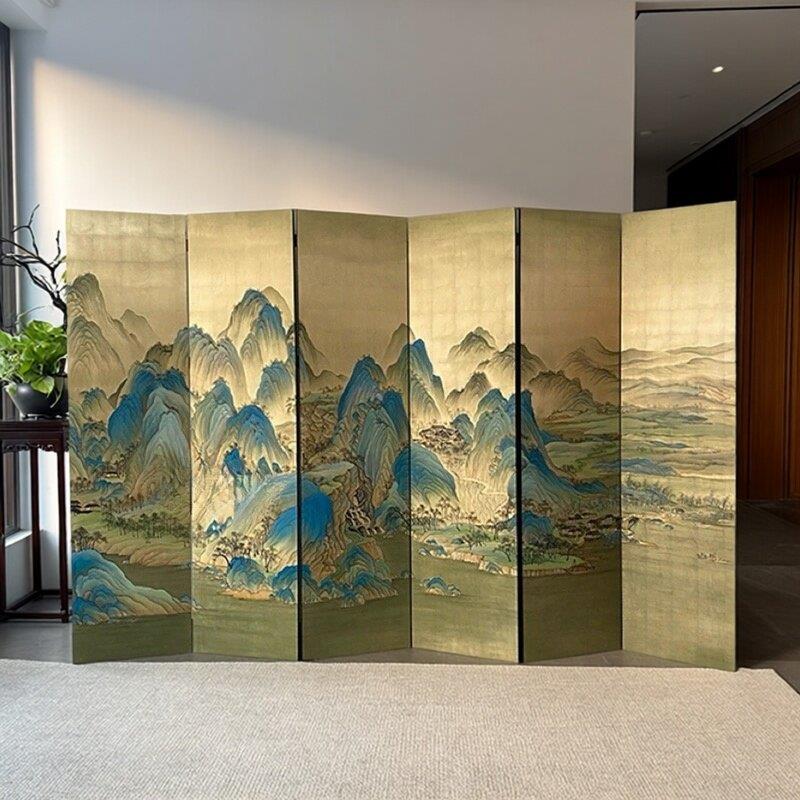 中式定制手绘漆画千里江山图金箔屏风移动折叠客厅隔断山水画折屏