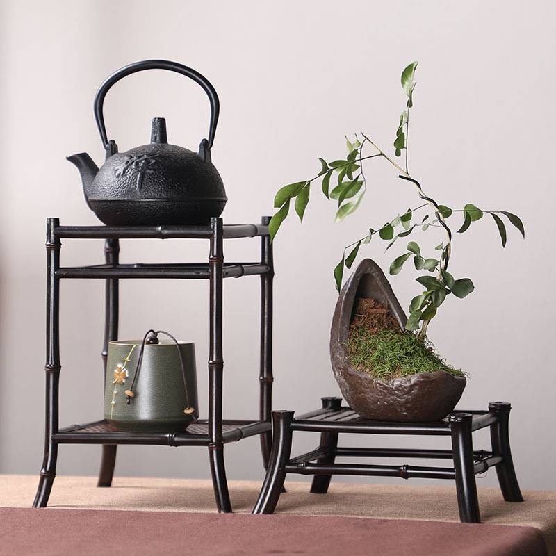 竹制品手工竹制花架茶具茶道壶承干泡台壶托花盆置物架多层竹摆件