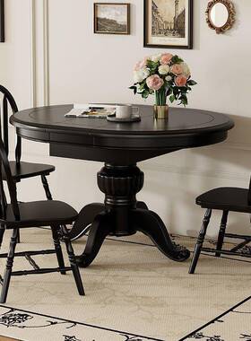 美式木餐桌可伸缩折叠圆桌盘法式复古小转户型子家PZF用餐桌椅实