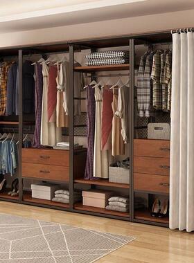 简约步入式帽间卧室铁艺衣柜落LCU地组合挂衣架子卧室钢衣木架衣