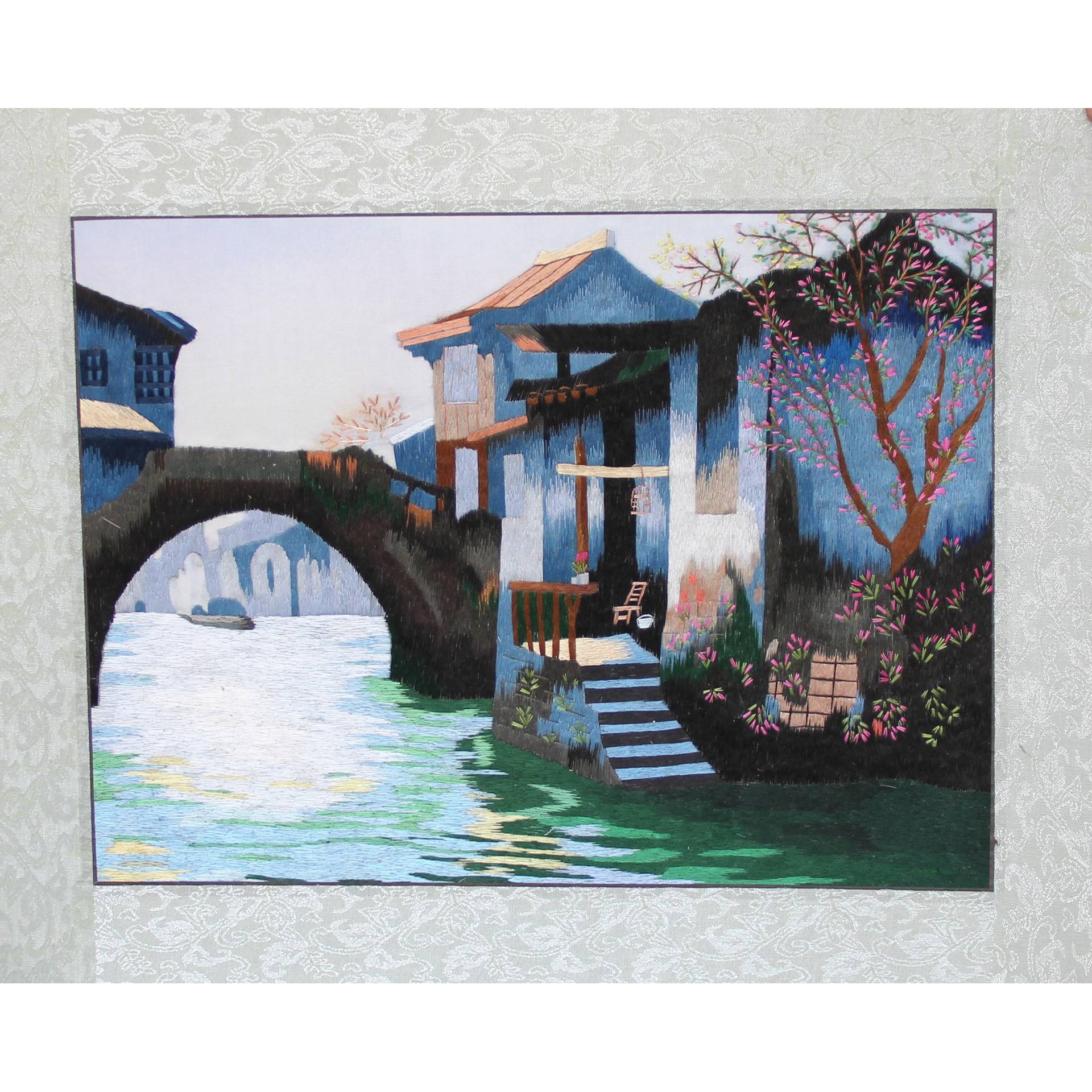 苏绣手工画客厅书房办公室装饰画苏州手工刺绣画水乡厂家生产图片