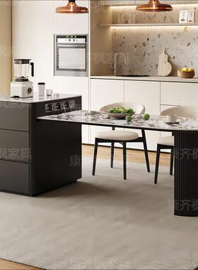 法用式中古风岩板岛台餐桌一体可伸半缩NPK新款黑色家圆中岛台小