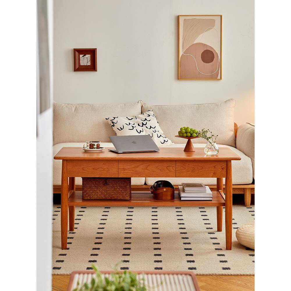 ?全实F77H6JS8高中茶几客现厅家用樱桃木木小户型可吃饭代简约古