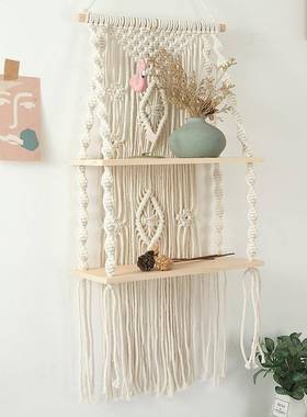 手工编板织F76576J9挂毯挂壁架棉绳挂搁民波西米亚置物架酒店宿儿