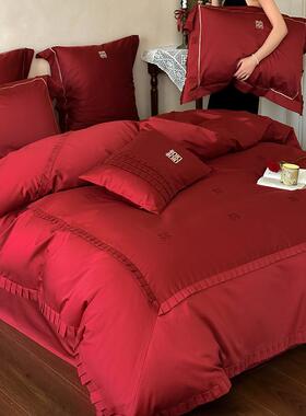 婚庆轻奢00X24S长绒棉四件纯套全棉婚喜字刺绣红色棉结1被套床单