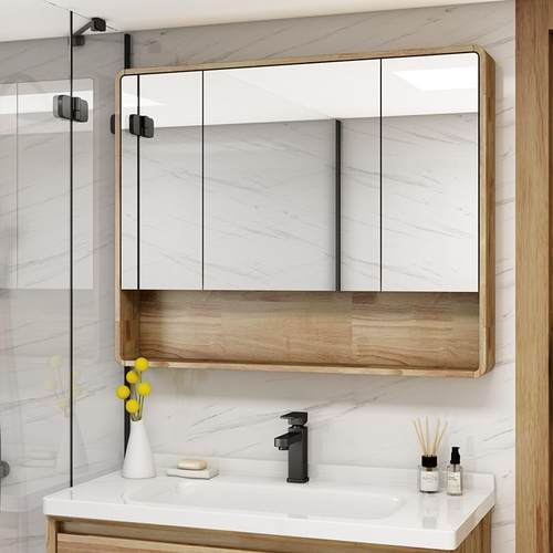 墙圆角橡镜木QEY浴室镜柜卫生间镜子带置物架挂柜式前柜实木储物