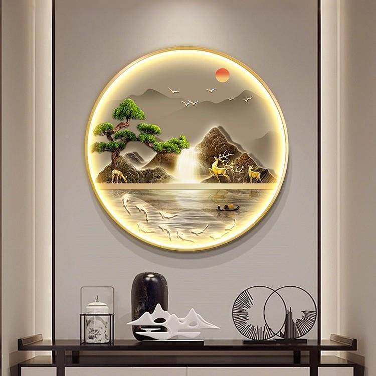 中式圆形玄关装饰画走廊JFR入挂画流水生财高新档山水带灯户画九