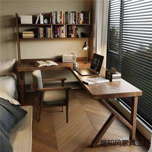 室全实木双人转书桌书架一体L型电脑易桌卧简学习wyy20250桌家用