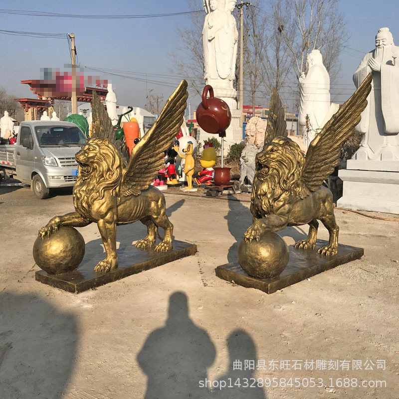 玻璃钢仿铜飞狮动物雕塑带翅膀大型精品狮子公司酒店门口装饰摆件