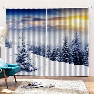 雪日照天气山景落地窗帘黑丝遮孔光布防水透免打安装厂家冬日阳光
