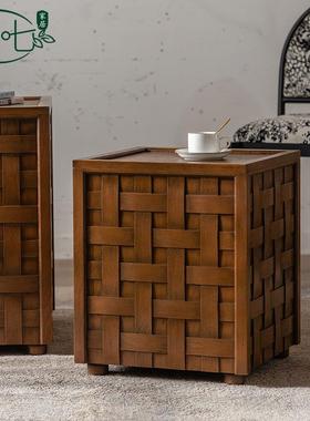 新中式创意边编制面茶几户型家51488用沙发可收台纳角几阳装饰花
