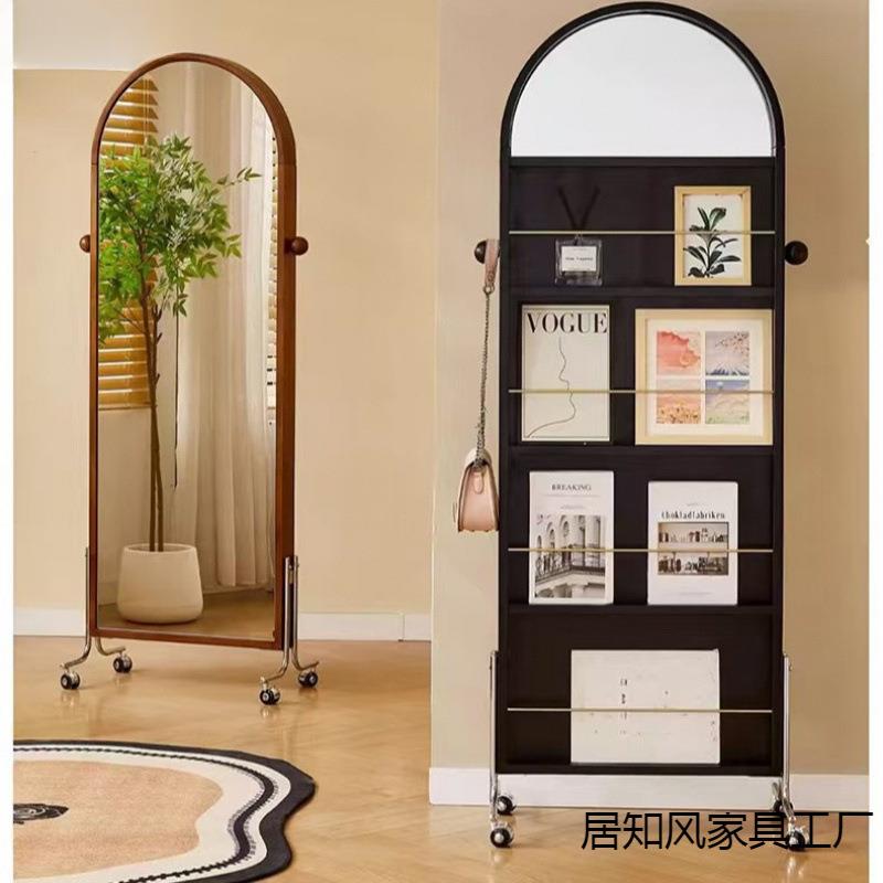 中古实木可移动全身镜地家用置物架XUW杂志复古落旋转衣镜全身架