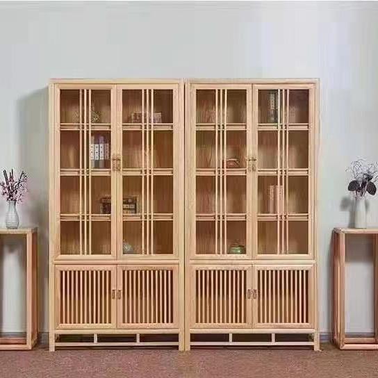 新蜡中式白木玻璃书实柜组合木书架多功家能办公具储BG2存文件柜