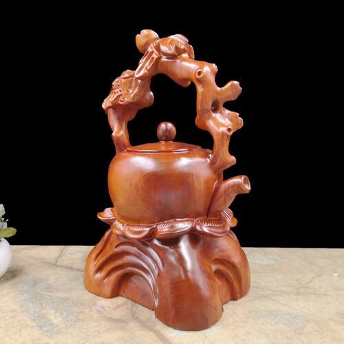 花梨雕临门茶HDE壶摆件福上眉梢家居酒喜柜柜装饰木品工艺品