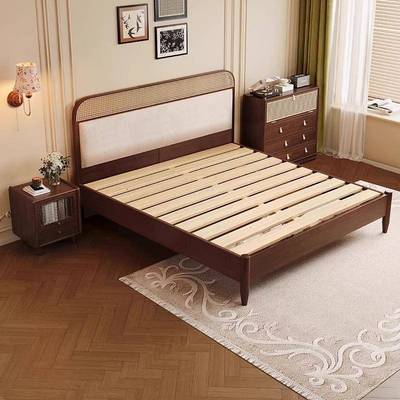 中古藤编靠背实木床风式复XOU古简约轻法主卧室软包1.8m双奢人床