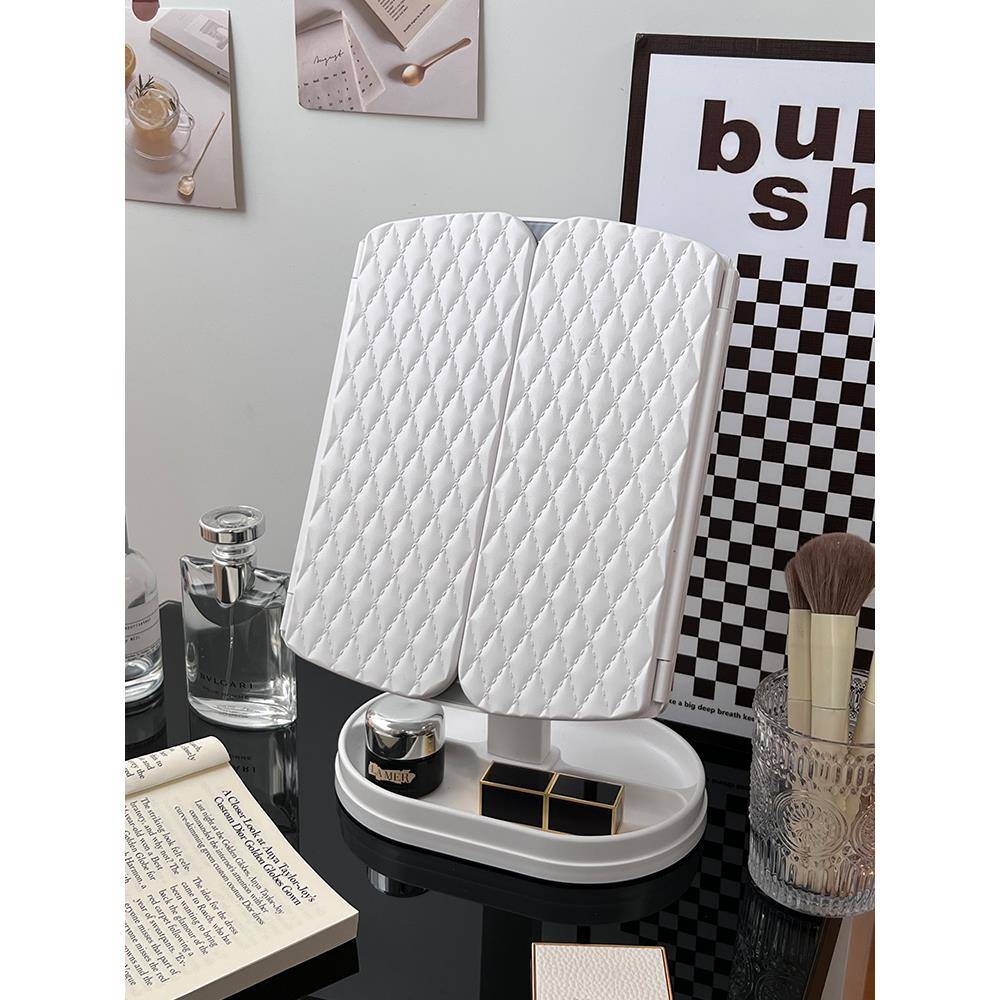 化F77J8H57妆镜带充电台桌面led灯镜子宿舍式简约壳折叠镜网红贝