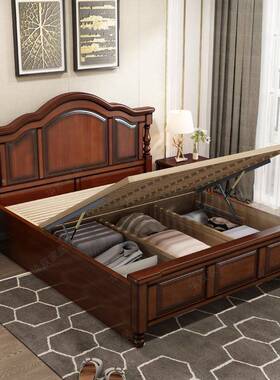 美式高实木床现代约复古人床主卧欧ZRS简式轻奢气压收纳双箱储物