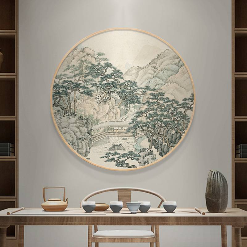 新中式装饰画客厅实木圆形挂画餐厅玄关过道书房水墨山水壁画国画图片