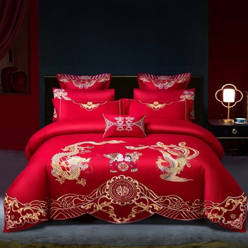 厂家亲肤婚庆四件套大红精致刺绣多件套结婚喜庆礼品床上用品