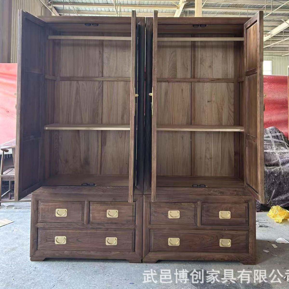 北方老榆大衣柜实木上下节顶柜箱柜底木箱中式祥云大03788衣储物