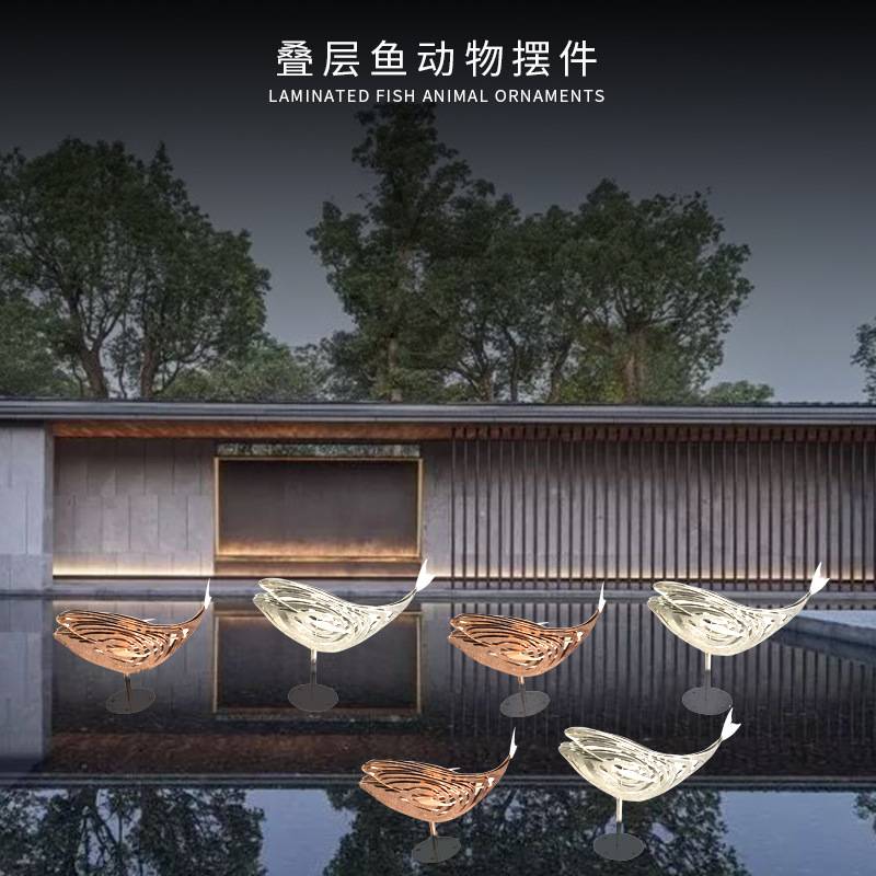 不锈钢水景装饰海豚鲸鱼叠层鱼动物摆件广场园林酒店水池景观摆件
