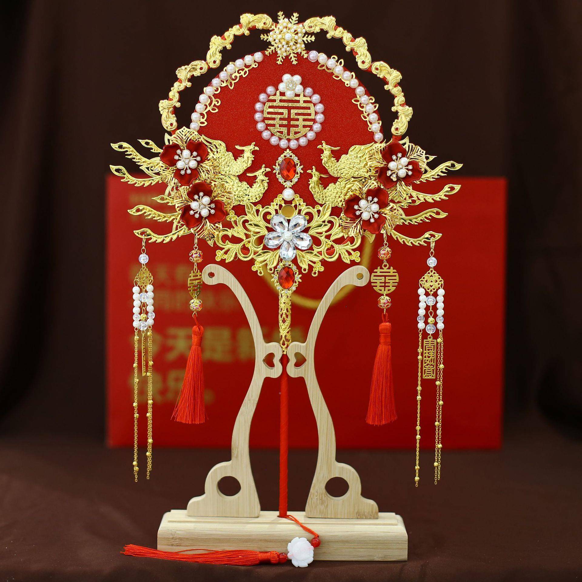 品团中扇结婚新娘秀禾手工婚CIQ新扇式喜扇成品服团扇9145红