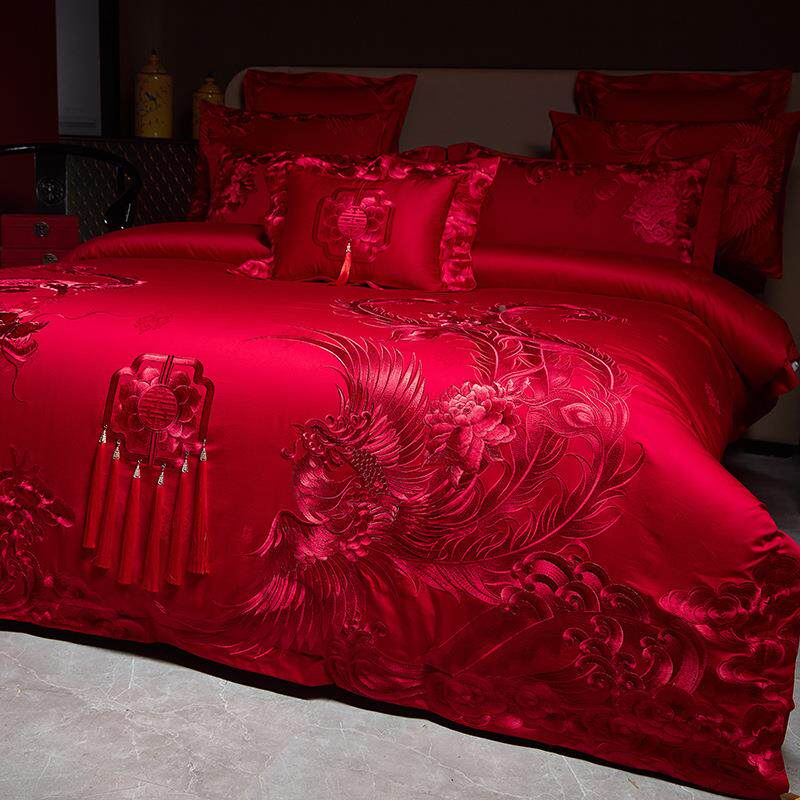 中式大红120支全棉贡缎提花被绣长绒棉刺婚庆件套HFT结婚床4四龙