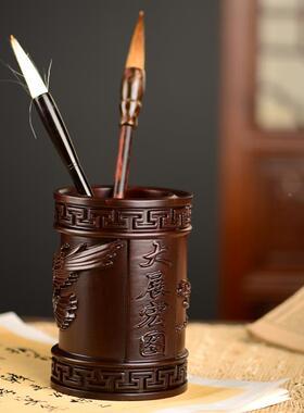 FJR01541黑檀木雕大图笔筒老鹰工宏艺展品办公室书桌家居质笔筒摆