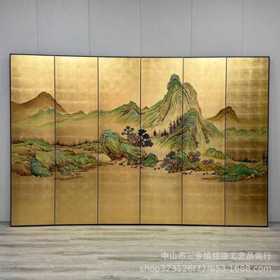 箔屏金风千式里江山手绘山水中图客厅会议室山水屏风背景隔断移动