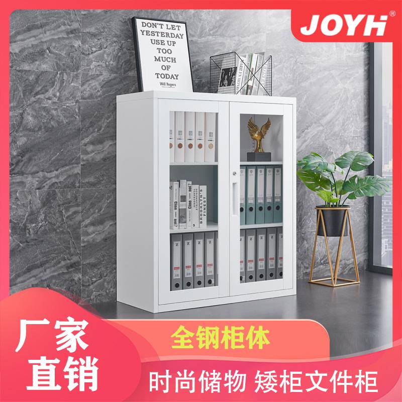 震海文件柜落地矮柜办公室资料柜玻璃门钢制隔断柜白色移动档案柜