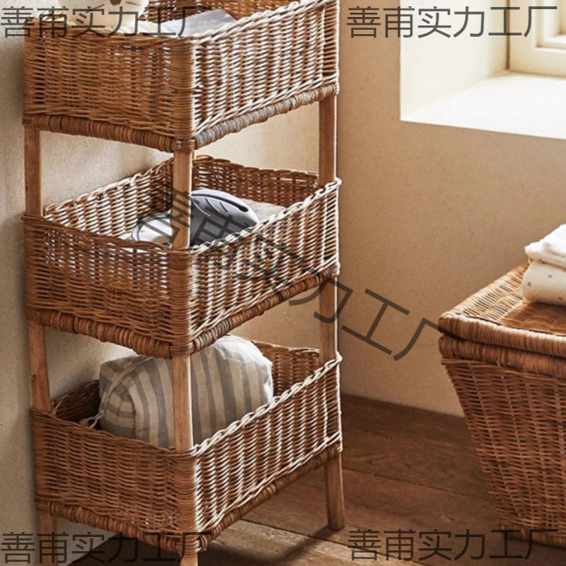田园藤编实木可水洗三层收纳筐