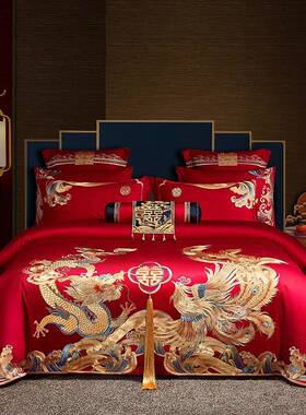 高端23813KYF时尚套140支全棉贡缎花刺绣婚纯庆四件结婚提棉多件