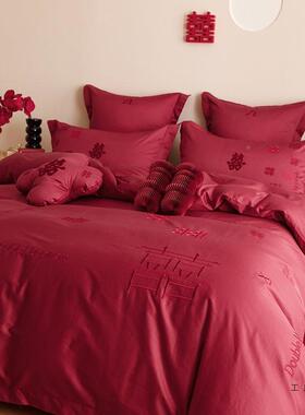 婚庆140婚S长棉四件CAL套棉质质结棉房喜字床绒笠款红色新婚床品
