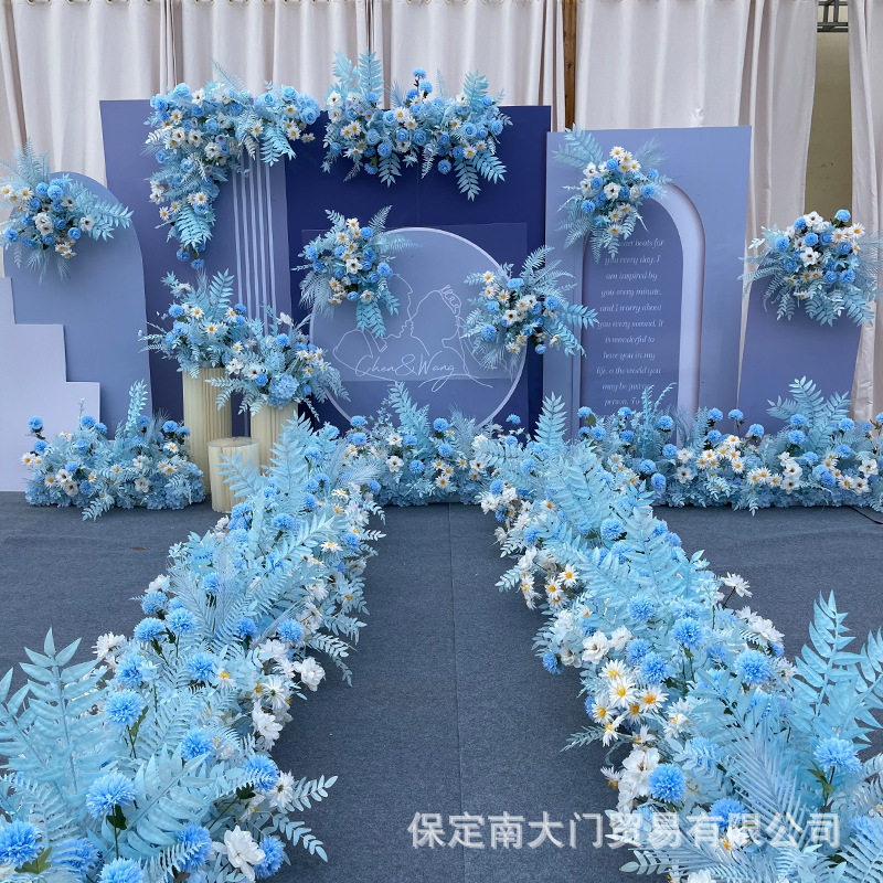 新款婚庆大款地排花仿真绢花蓝色装饰尤加利花排T台路引婚礼花艺