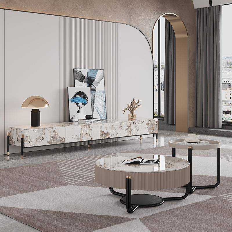 现HYD代约简岩板茶几大小圆茶桌边几组合意式极小形户型储物茶简