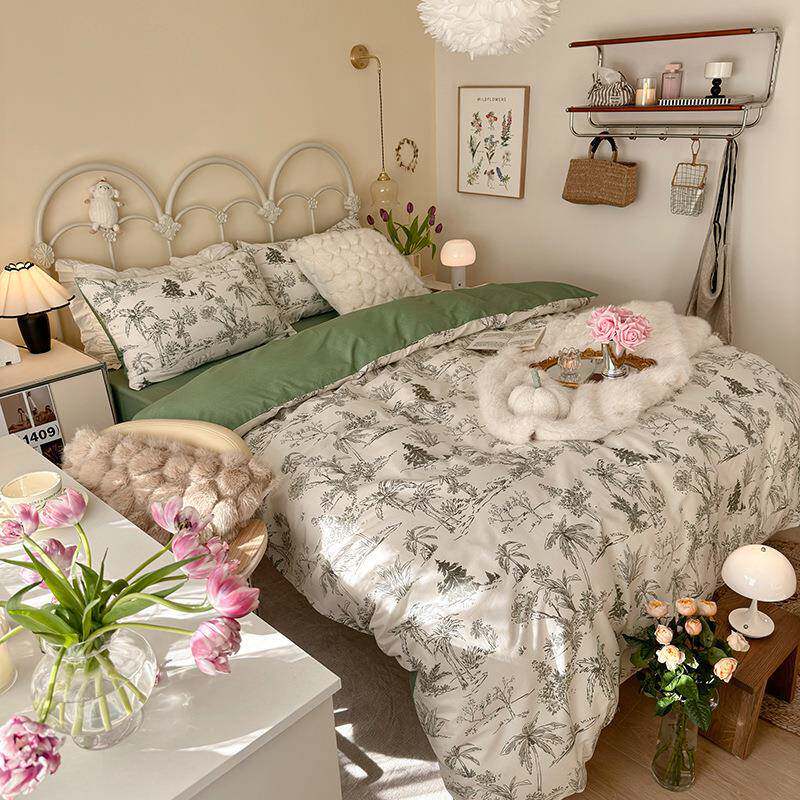 床韩式小碎单花纯棉四LHC件套被套床床笠法复古风全棉三式件套上